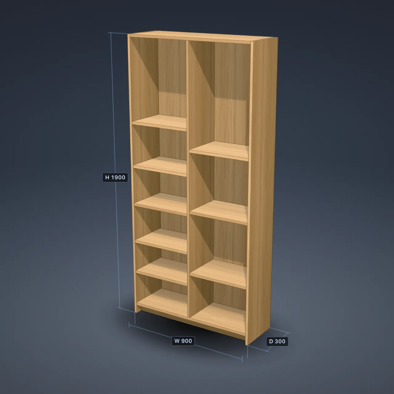 Bookcase in PanelCraft with an oak decor, 900 by 1900 by 300 mm