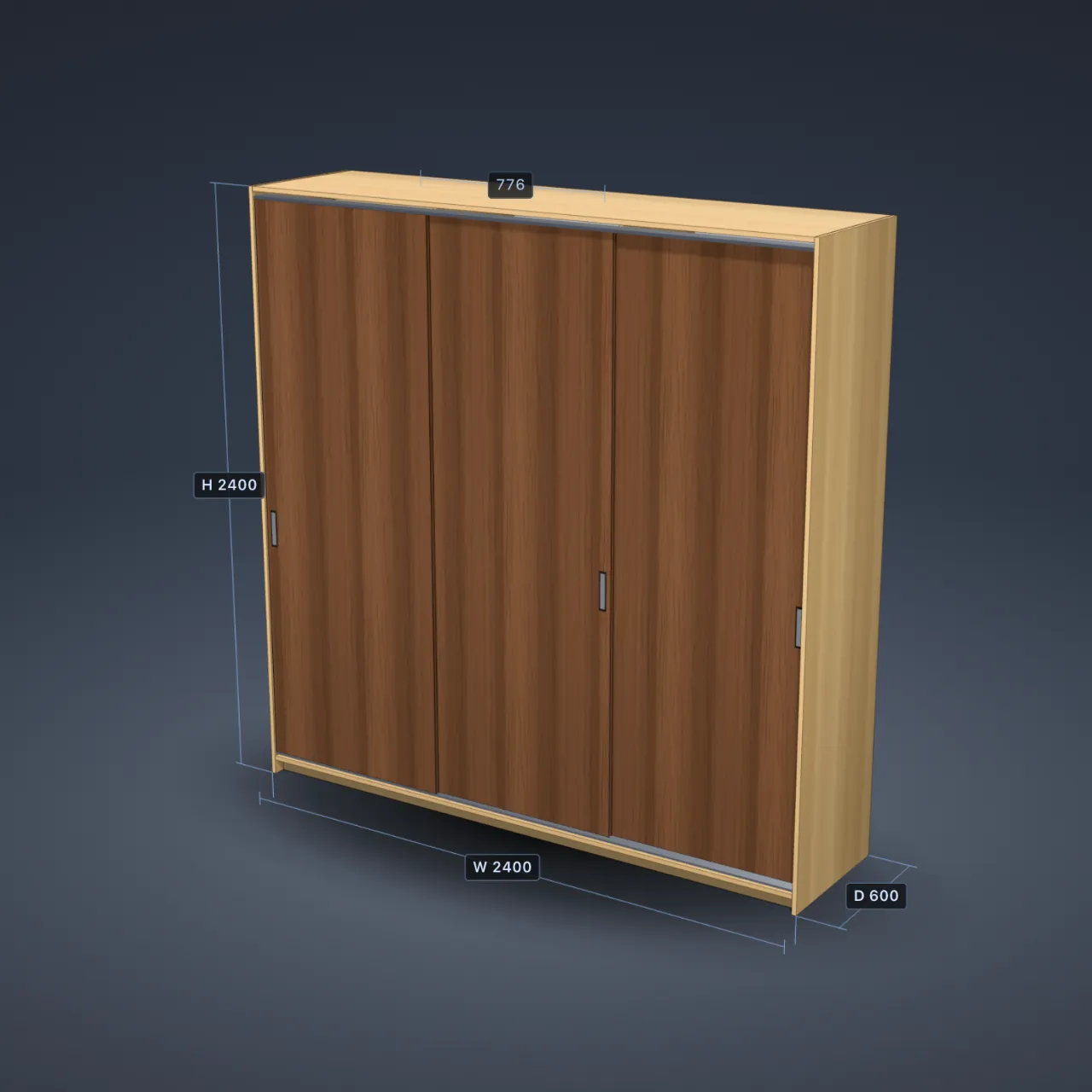 Sliding-door wardrobe in PanelCraft: light oak carcass, walnut doors, 2400 by 2400 by 600 mm