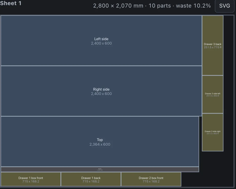 Sheet 1 of the cut layout in PanelCraft